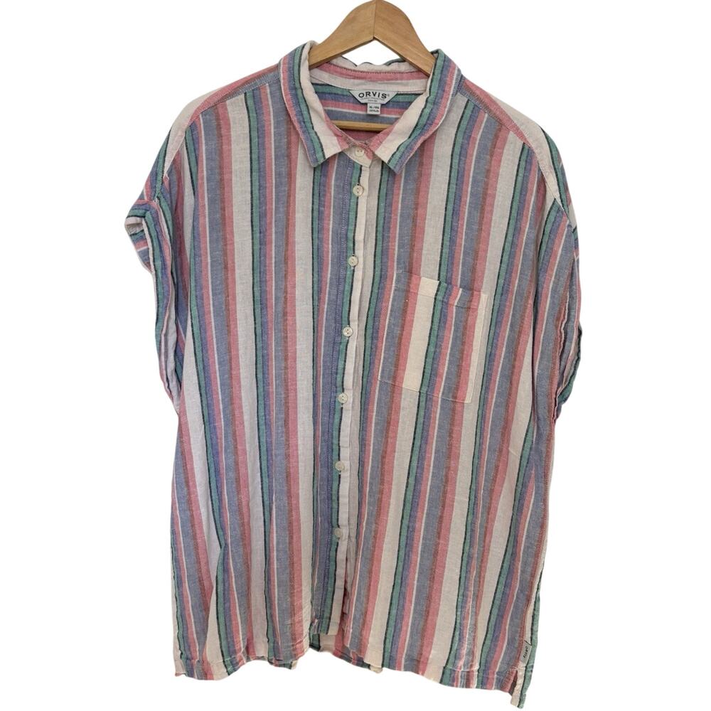 Orvis Linen Blend Striped Button Up Top Size XL Coastal Outdoors Beachy Boxy